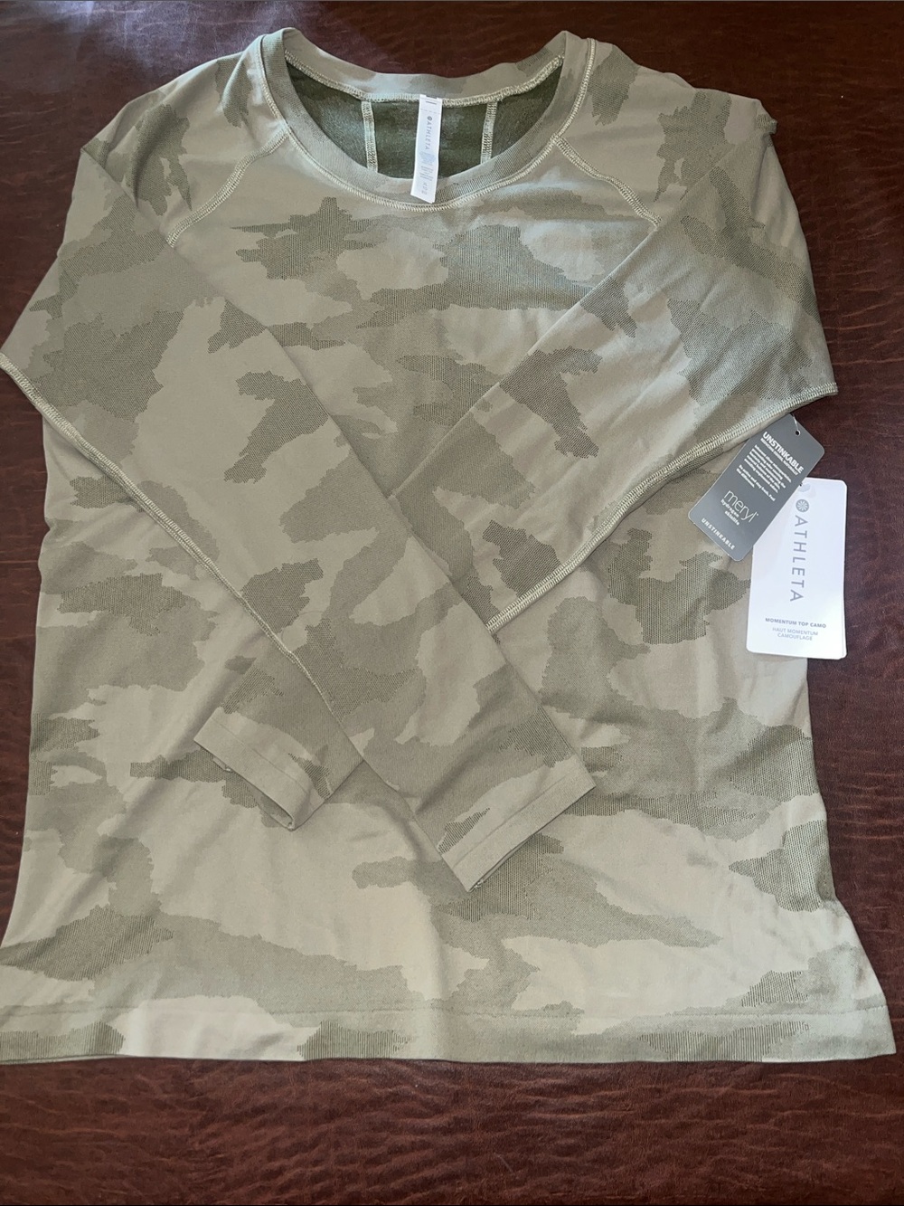 Athleta Olive Camo Long Sleeve Crew Top